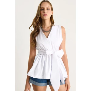 Kadın Beli Lastikli Kruvaze Yaka Kuşaklı Poplin Bluz