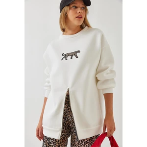 Kadın Üç Iplik Şardonlu Önü Fermuarlı Leopar Baskılı Sweatshirt