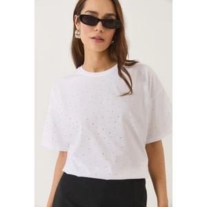 Kadın Pul Detaylı Bisiklet Yaka Kısa Kollu T-Shirt