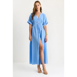 Kadın V Yaka Gold Düğme Detaylı Keten Elbise