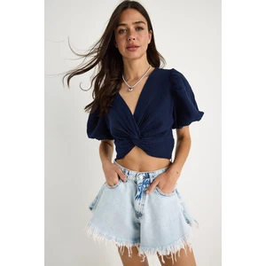 Kadın Balon Kollu Crop Müslin Bluz -