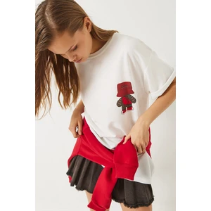 Kadın Sırt Baskı Detaylı Bisiklet Yaka Oversize T-Shirt