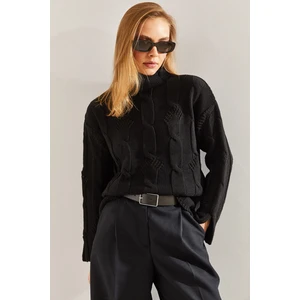 Kadın Yarım Balıkçı Yaka Saç Örgü Desenli Triko Kazak