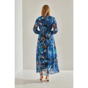 Kadın Astarlı Beli Lastikli V Yaka Kruvaze Kuşaklı Şifon Elbise