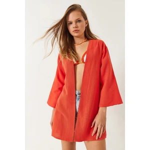 Kadın Keten Dokulu Kısa Basic Kimono