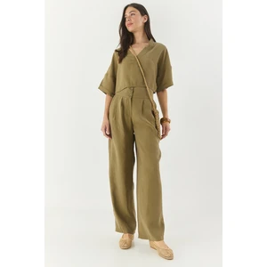 Kadın V Yaka Bluz Yüksek Bel Pantolonlu Modal Alt-Üst Takım