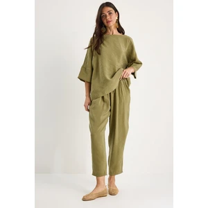 Kadın Kayık Yaka Yarım Kol Bluz Beli Lastikli Şalvar Pantolon Alt-Üst Takım