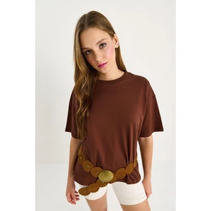 Kadın % Organik Pamuk Relaxed Fit Yırtmaçlı Yuvarlak Yakalı T-Shirt