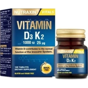 Vitamin D3 K2 Takviye Edici Gıda - 120 Tablet, 1000 IU D3 ve 25 mcg K2 Vitamini, Türkiye Menşeli