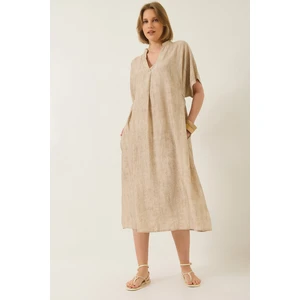 Kadın V Yaka Bağlama Detaylı Cepli Yarasa Kesim Salaş Elbise