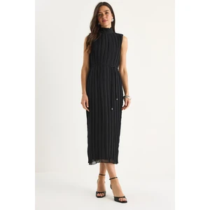 Kadın Kalın Askılı Örgü Kemerli Astarlı Midi Pilise Elbise Fe-