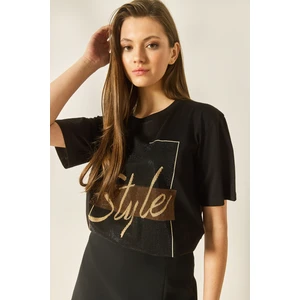 Kadın Style Yazılı Taş Baskılı Rahat Kalıp Pamuklu T-Shirt