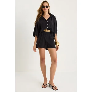 Kadın Yarasa Kol Oversize Gömlek Hasır Kemerli Şort Modal Takım