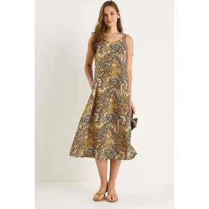 Kadın Bağlama Askılı V Yaka Cep Detaylı Desenli Midi Elbise -