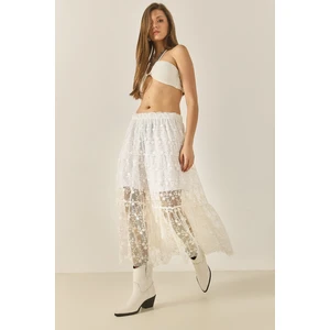 Kadın Çiçek Dantelli Kısa Astarlı Volanlı Normal Bel Uzun Etek