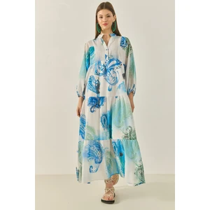 Kadın V Yaka Desenli Astarlı Volanlı Uzun Keten Elbise