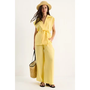 Kadın Kuşaklı Yelek Cep Detaylı Palazzo Pantolonlu Modal Takım