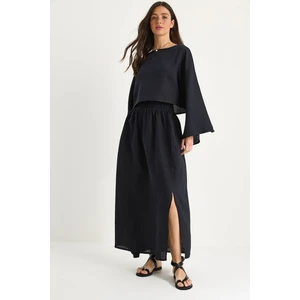 Kadın Yarasa Kol Croplu Beli Lastikli Yırtmaç Detay Etekli Müslin Takım