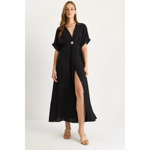 Kadın V Yaka Gold Düğme Detaylı Keten Elbise