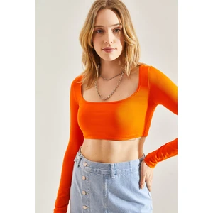 Kadın Uzun Kol Kare Yaka Crop Bluz