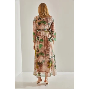 Kadın Astarlı Beli Lastikli V Yaka Kruvaze Kuşaklı Şifon Elbise