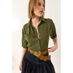 Kadın Çift Cep Detaylı Keten Aerobin Oversize Kısa Gömlek