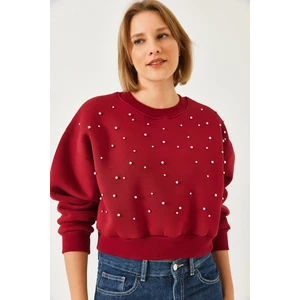 Kadın Bisiklet Yaka Önü Inci Çakmalı Üç Iplik Şardonlu Sweatshırt