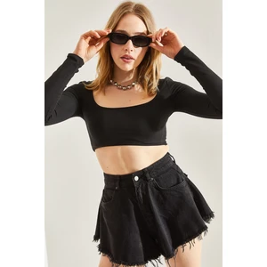 Kadın Uzun Kol Kare Yaka Crop Bluz