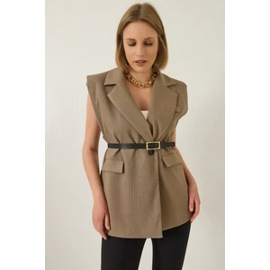 Kadın Cep Detaylı Kemerli Vatkalı Oversize Astarlı Blazer Yelek