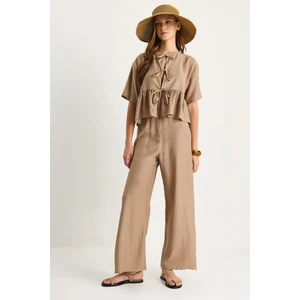 Kadın Bağlama Detaylı Kısa Kollu Bluz Pantolon Alt-Üst Takım