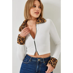 Kadın Leopar Peluşlu Fermuarlı Hırka