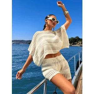 Kadın Kayık Yaka Ajurlu Örgü Triko Alt-Üst Takım