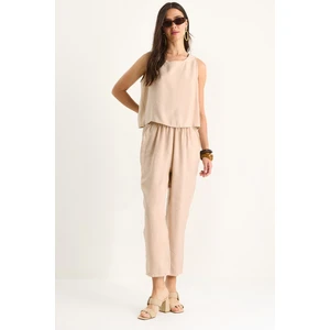 Kadın Modal Takım Kalın Askılı Bluz ve Beli Lastikli Pantolon Bej Renkli Şık Tasarım