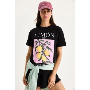 Kadın Limon Baskılı Bisiklet Yaka % Pamuklu T-Shirt