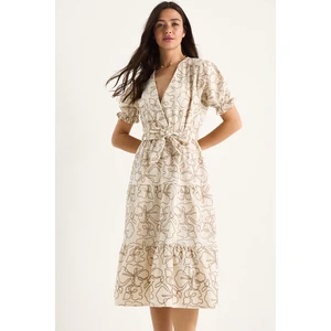 Kadın Kruvaze Yaka Beli Lastikli Kuşaklı Nakış Işlemeli Keten Elbise