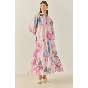 Kadın V Yaka Desenli Astarlı Volanlı Uzun Keten Elbise