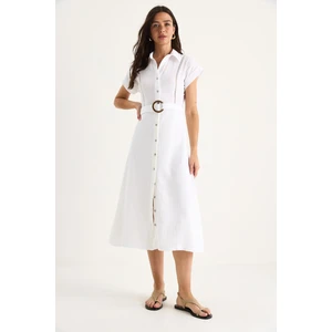 Kadın Şerit Dantel Detaylı Düğme Kapamalı Kemerli Astarlı Müslin Elbise