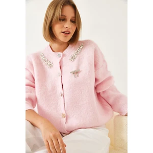 Kadın Yakası Taşlı Şardonlu Triko Hırka