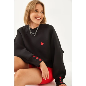 Shade Kadın Bisiklet Yaka Kalp Nakışlı Üç Iplik Şardonlu Sweatshirt