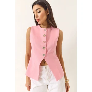 Kadın Regular Bisilet Yaka Gold Düğme Detaylı Astarlı Dokuma Yelek