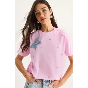 Kadın Kelebek Aksesuarlı Taş Işlemeli Kısa Kollu T-Shirt