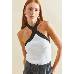 Kadın Çapraz Askılı Fitilli Triko Bluz