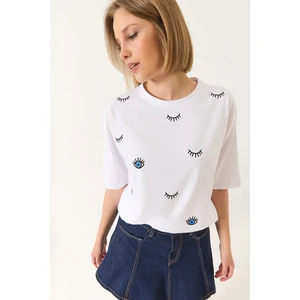 Kadın Göz Baskılı Kısa Kollu Pamuklu Oversize T-Shirt