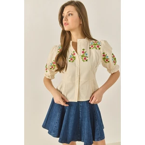 Kadın Çiçek Nakışlı Bel Detaylı Kolu Lastikli Keten Gömlek
