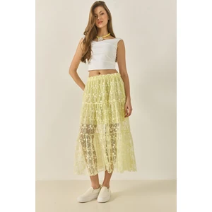 Kadın Çiçek Dantelli Kısa Astarlı Volanlı Normal Bel Uzun Etek