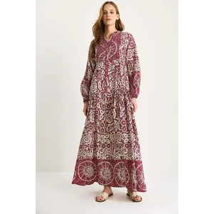 Kadın V Yaka Desenli Düğme Detaylı Maxi Viskon Elbise