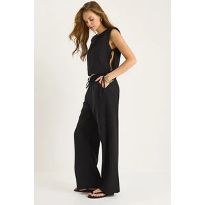 Kadın Vatkalı Yandan Bağlamalı Bluz Beli Lastikli Bol Pantolonlu Keten Takım