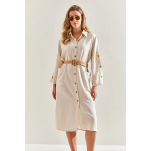 Kadın Hasır Kemerli Keten Gömlek Elbise