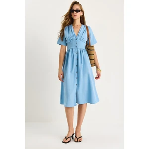 Kadın V Yaka Bel Detaylı Düğmeli Kısa Kollu Viskon Keten Elbise