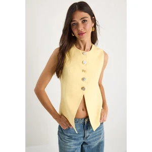 Kadın Regular Bisilet Yaka Gold Düğme Detaylı Astarlı Dokuma Yelek